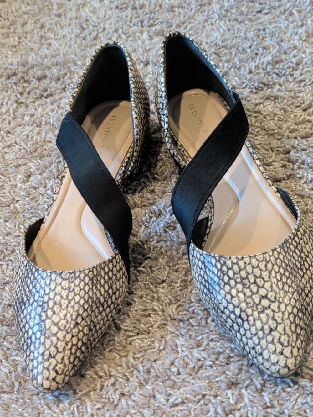 Preston & York Neutral Snake-Print Pointed D'Orsay Flats with Black Cross Strap